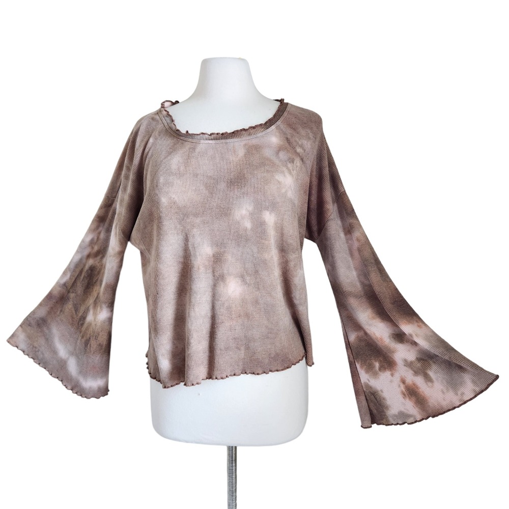 Entro Taupe Brown Tie Dye Bell Sleeve Top Size Small Waffle Knit Long Sleeve